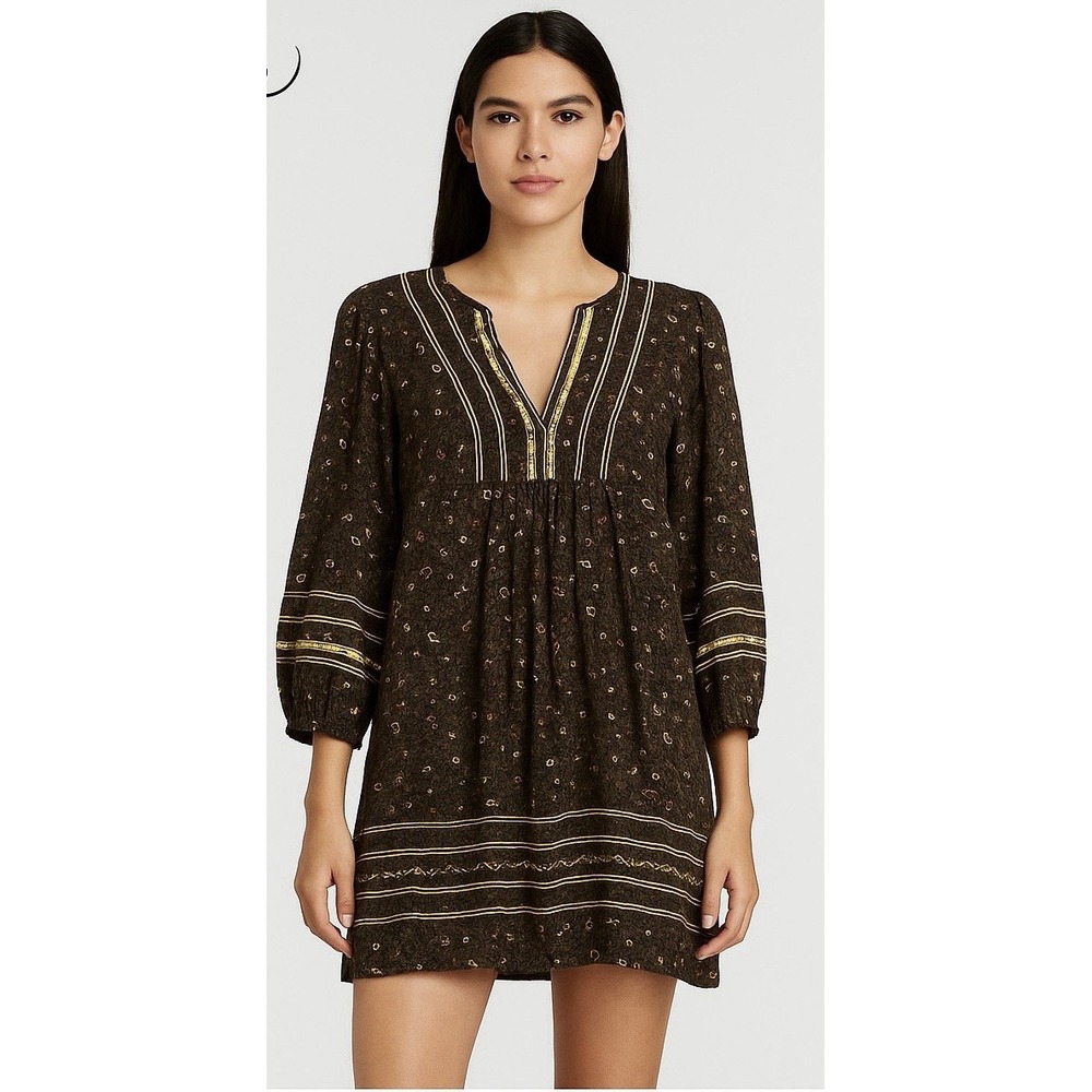 Joie Bohemian Paisley Floral Tunic Dress Long Sleeve Brown Women'sL